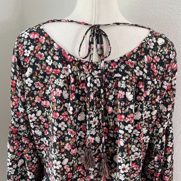 Knox Rose Womens XL Floral Blouse Square Neck Long Sleeve Boho Tassel Tie Shirt - Picture 8 of 11